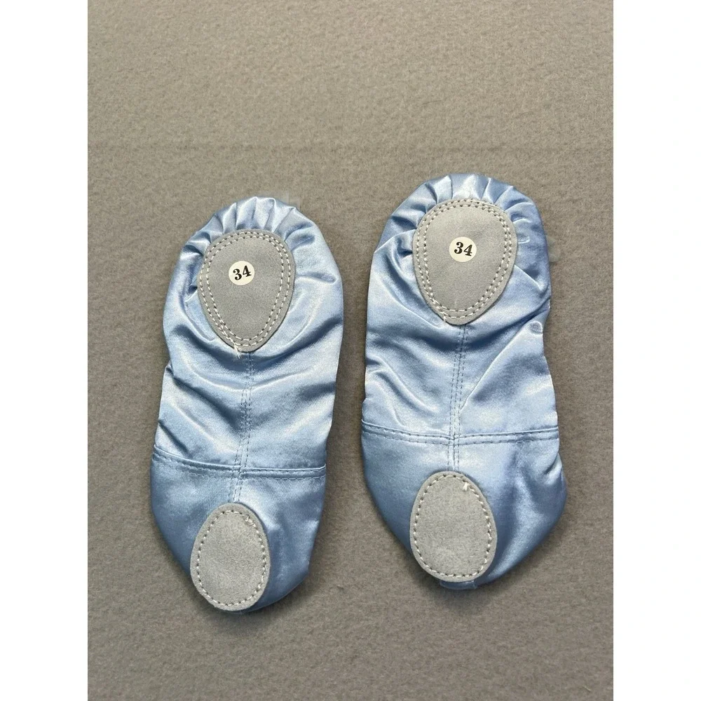 Girls Size‎ 34 9-10 Years Ballet Dance Slippers Split Soft Canvas Sole Bow Blue